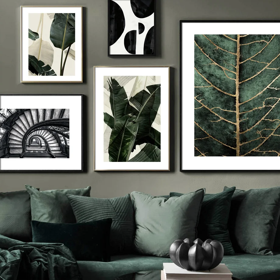 

Green leaf Figure line Abstract Wall Art Print Canvas Garden Stairs NordicPainting Vintage Poster Decor Picture For Living Room