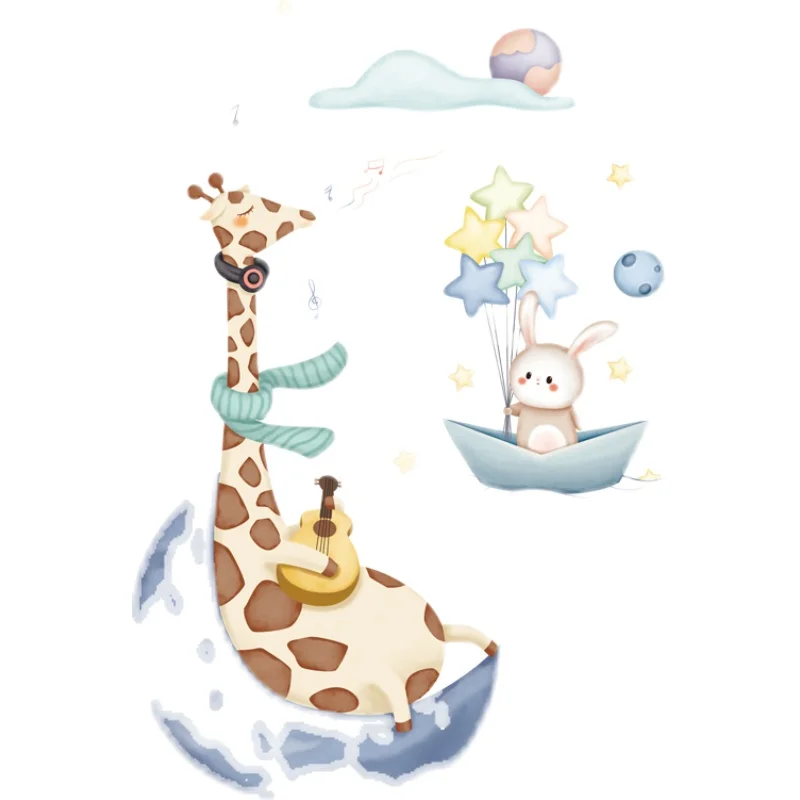 

Cute Giraffe Bunny Wall Stickers for Kids Room Kindergarten Classroom Wall Decoration Star Moon Posters Art Home Decals