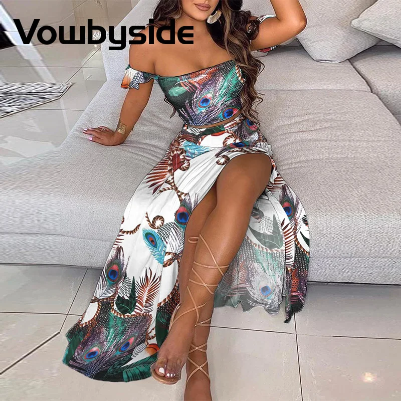 Женский комплект из топа с открытыми плечами и юбки макси высоким разрезом| |