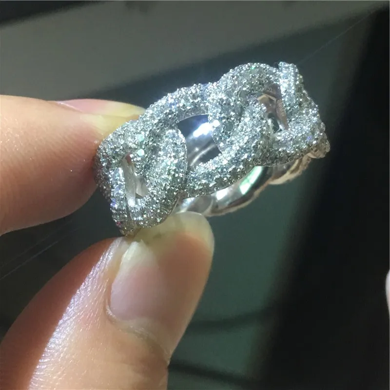 Handmade Hiphop Iced Out ring Silver color Pave AAAAA Cz Chain Party wedding band rings for women Men 12mm Jewelry Gift | Украшения и