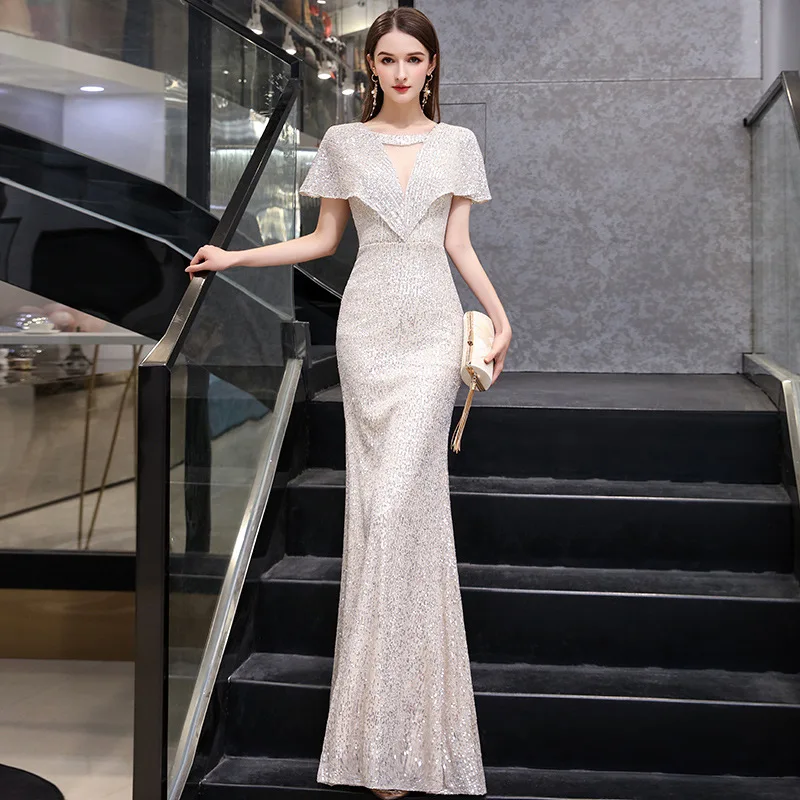 

Silver Mermaid Dress for Female 2021 Summer Sexyl Long Banquet Temperament Host Popular Field Queen Vintage Dress K092