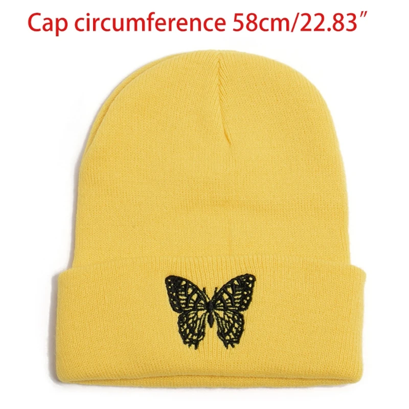 

Women Men Autumn Knitted Beanie Hat Cartoon Butterfly Embroidered Solid Color Harajuku Hip Hop Warm Cuffed Skull Cap