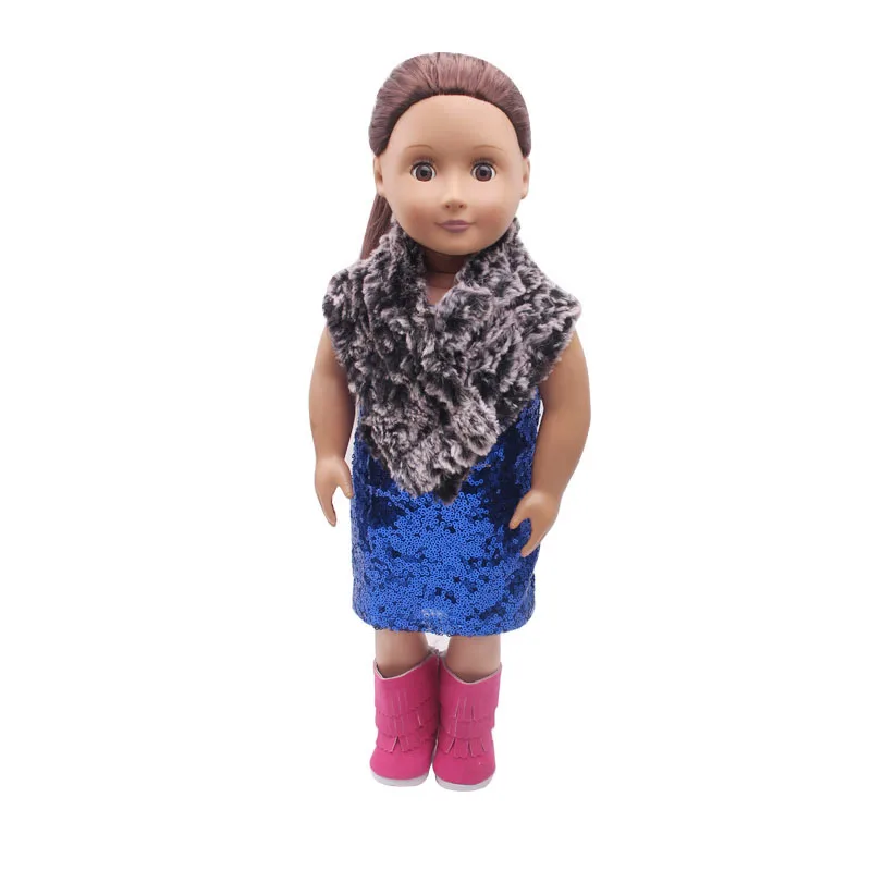 

18 Inch American Doll Girls Blue Sequin Dress + Grey Fur Newborn Skirt Baby Toys Accessories Fit 40-43 Cm Boy Dolls Gift c319