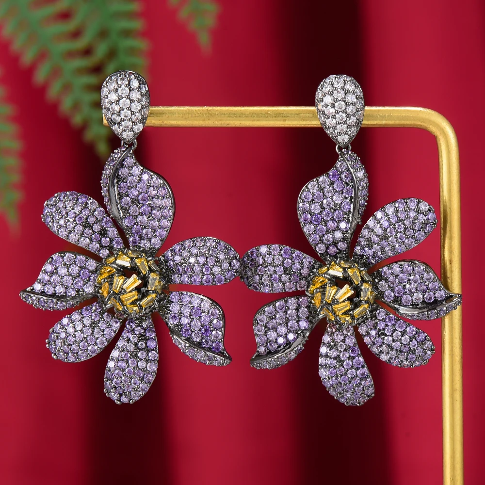 

Brand Super Luxury African Flower Pendant Dangle Earring For Women Wedding Cubic Zirconia DUBAI Bridal Earring Party Jewelry
