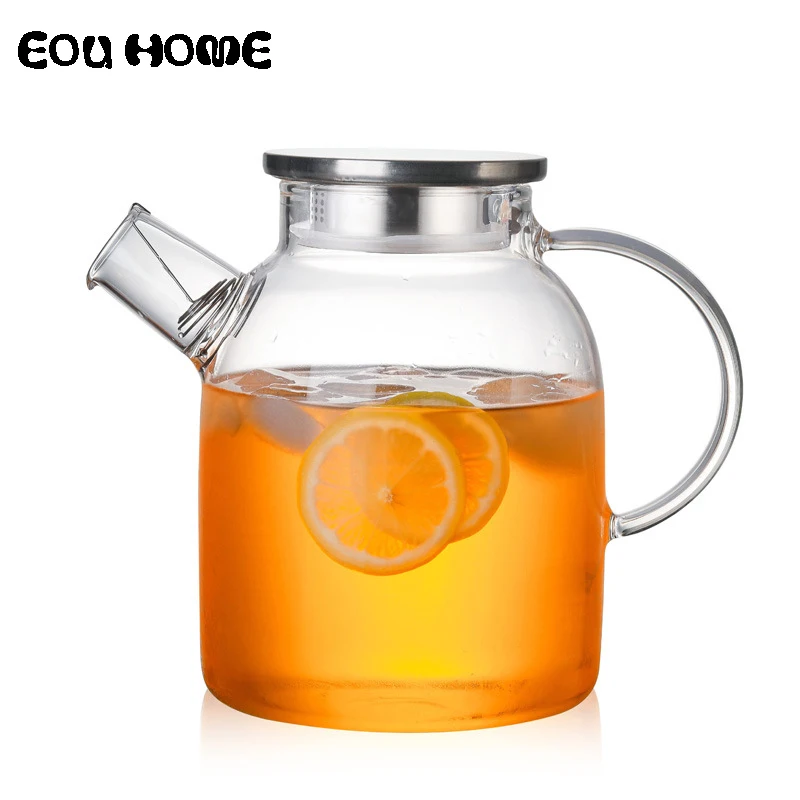 

1L/1.5L Transparent Glass Teapot Heat Resistant Flower Kettle Water Jug with Bamboo/Stainless Steel Cover Clear Juice Container