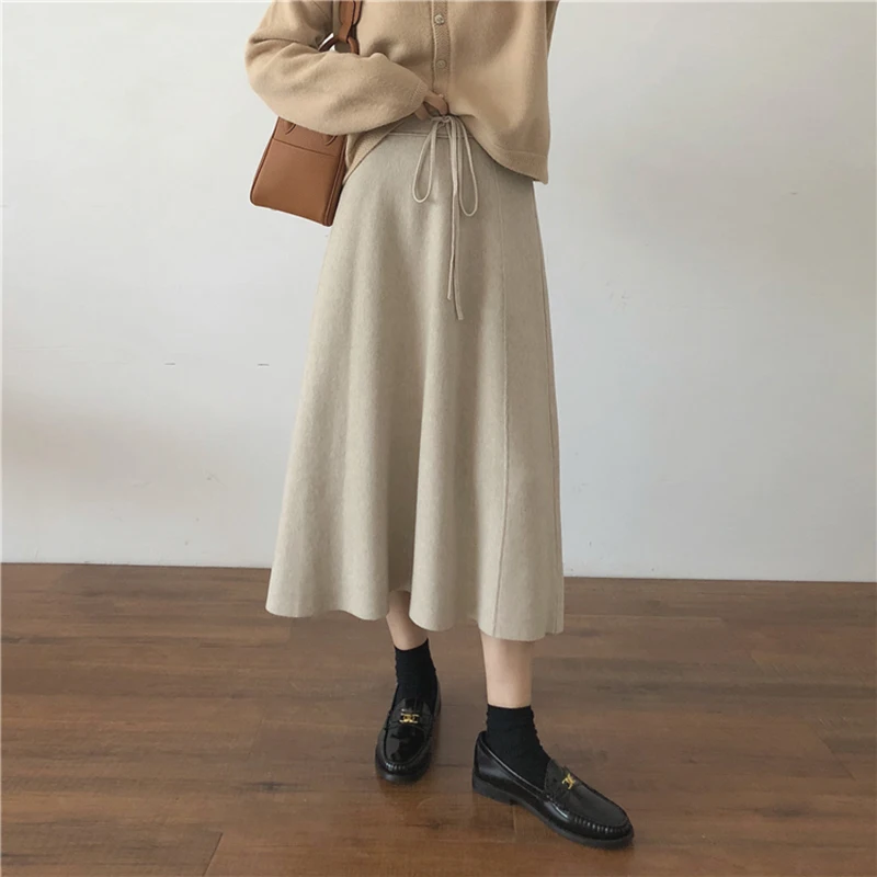 

Юбка-миди Женская трикотажная, осенняя, однотонная, с эластичной талией и бантом