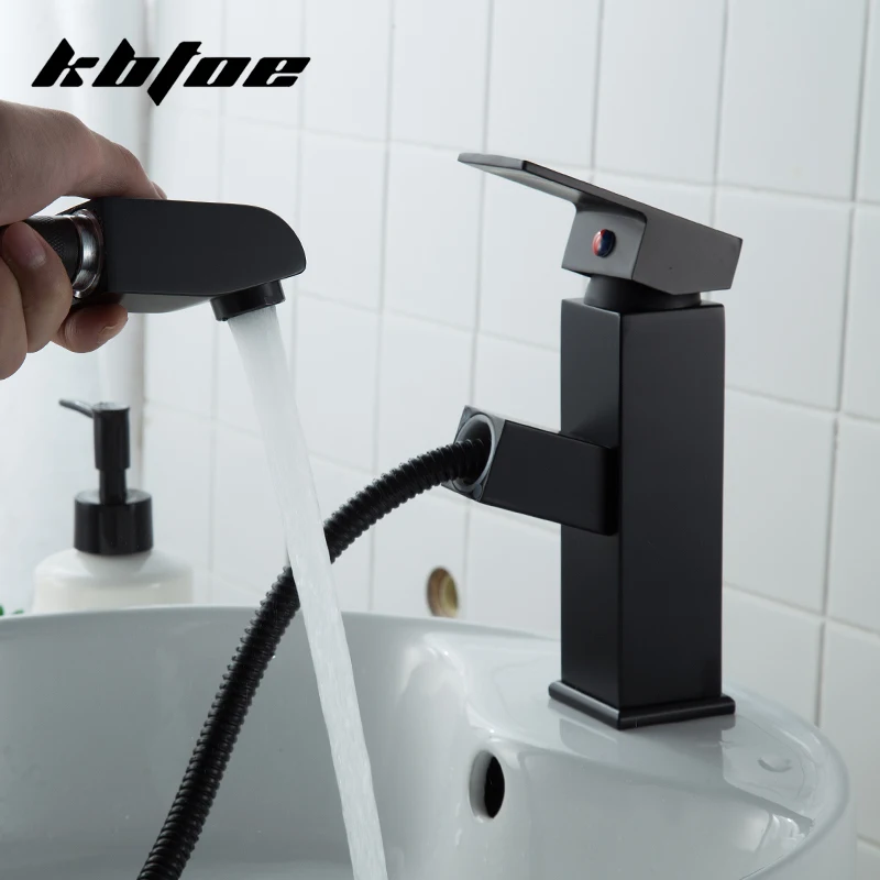 Вытяжной матовый черный смеситель для раковины латунь ванной комнаты