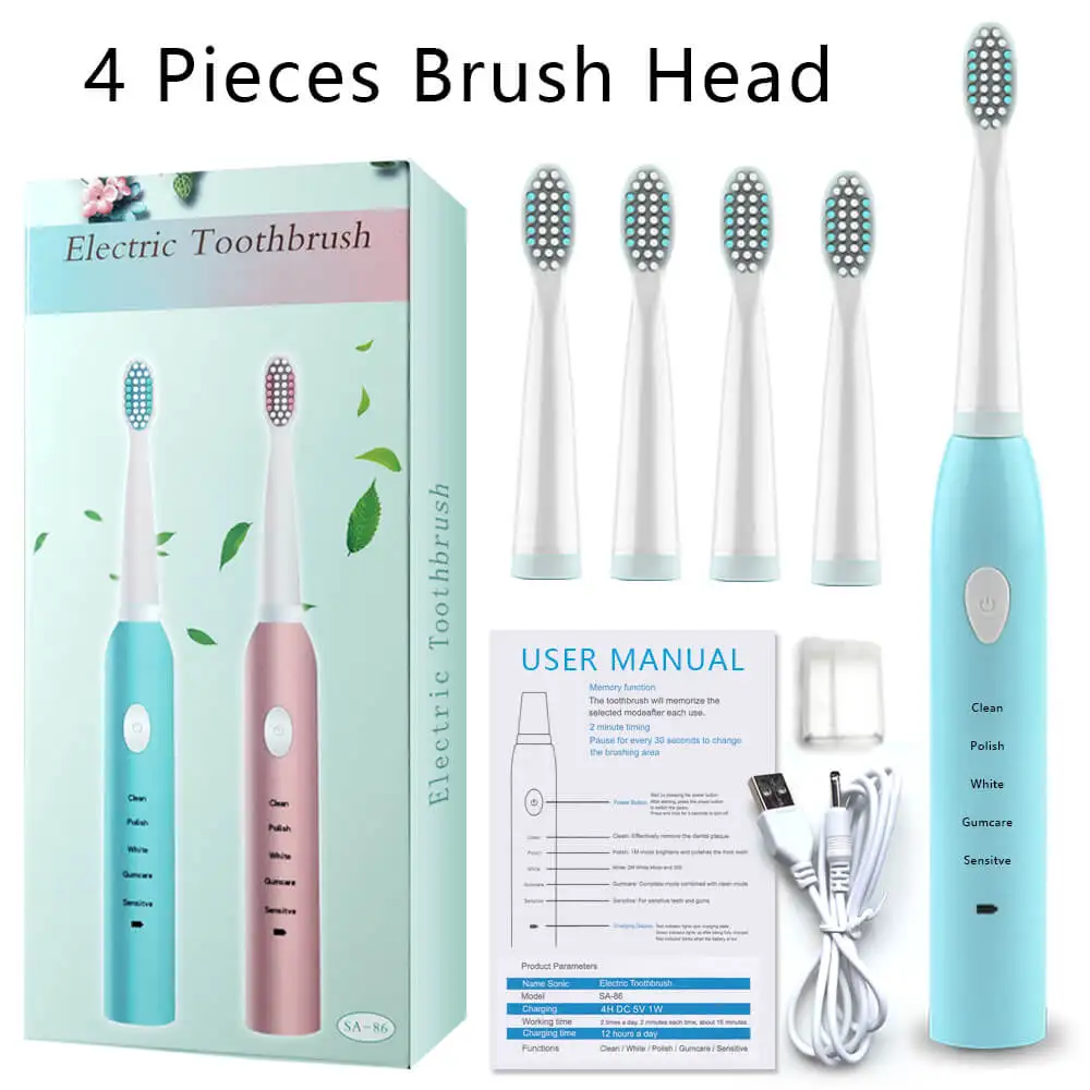 Cyan with 4 heads Умная Ультразвуковая электрическая зубная щетка, перезаряжаемая зубная щетка, Зубное вычисление, домашнее портативное средство для удаления пятен, зубные щетки - Цвет: Cyan with 4 heads