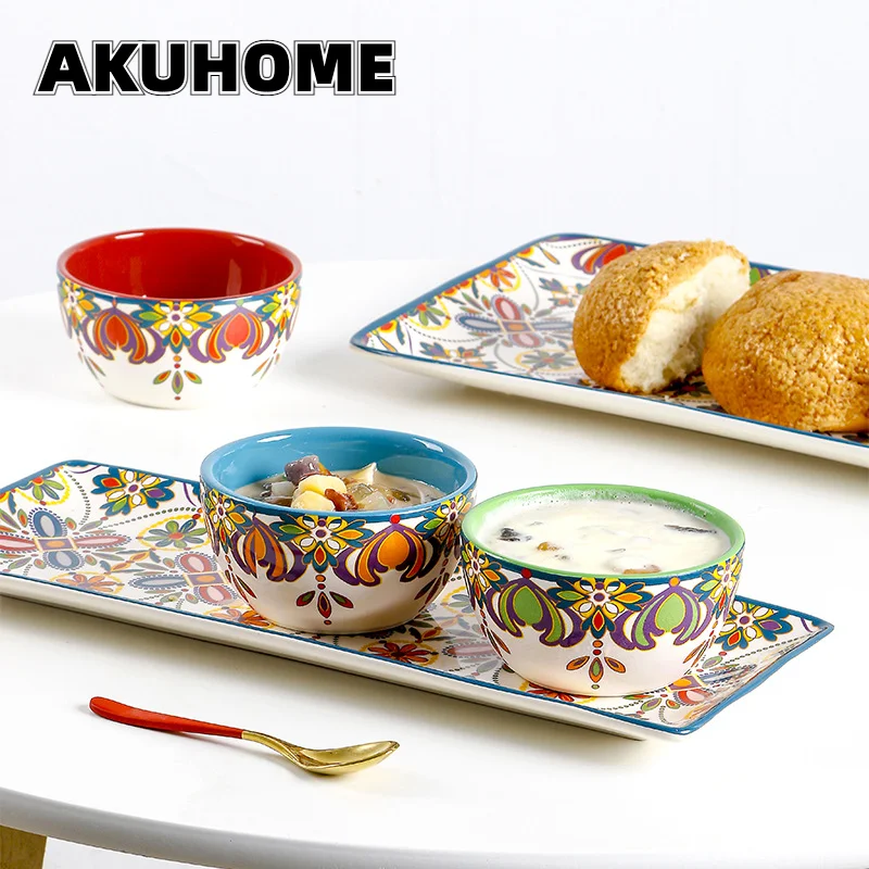 

Creative European Dessert Bowl Underglaze Color 4 Inch Bowl Jam Dipping Bowl Retro Bowl Plate Combination Platters and Trays