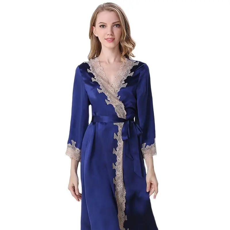 

Genuine Silk Sleeping Robes Female Sexy 100% Silkworm Silk Sleepwear Women Sweet Lace Bathrobe Kimono S5503