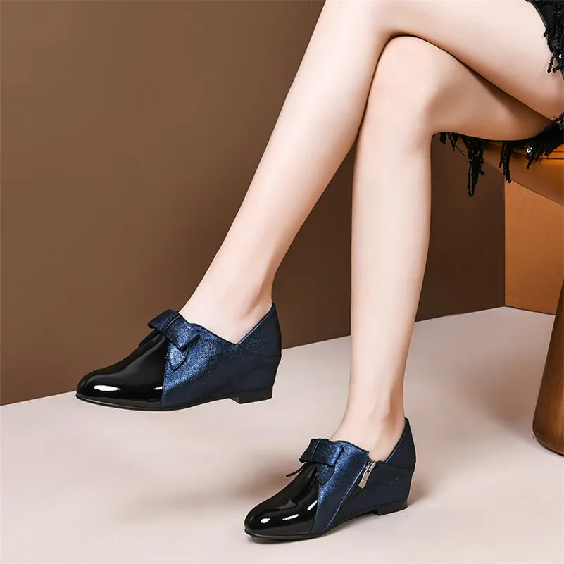 

Meotina High Heels Women Shoes Natural Genuine Leather Bow Height Increasing Heels Shoes Real Leather Zipper Pumps Lady Size 41