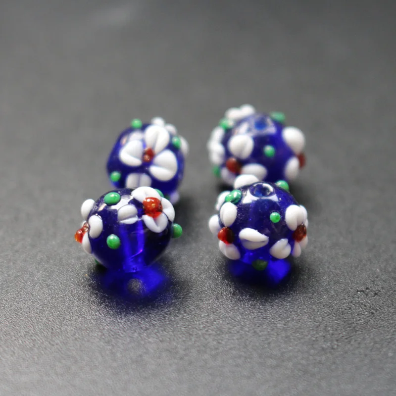 

10Pcs 11mm*9mm 12mm*10mm Lampwork Flower Glass beads Cobalt blue Color with Outer White flower Fashion beads for jewelry making