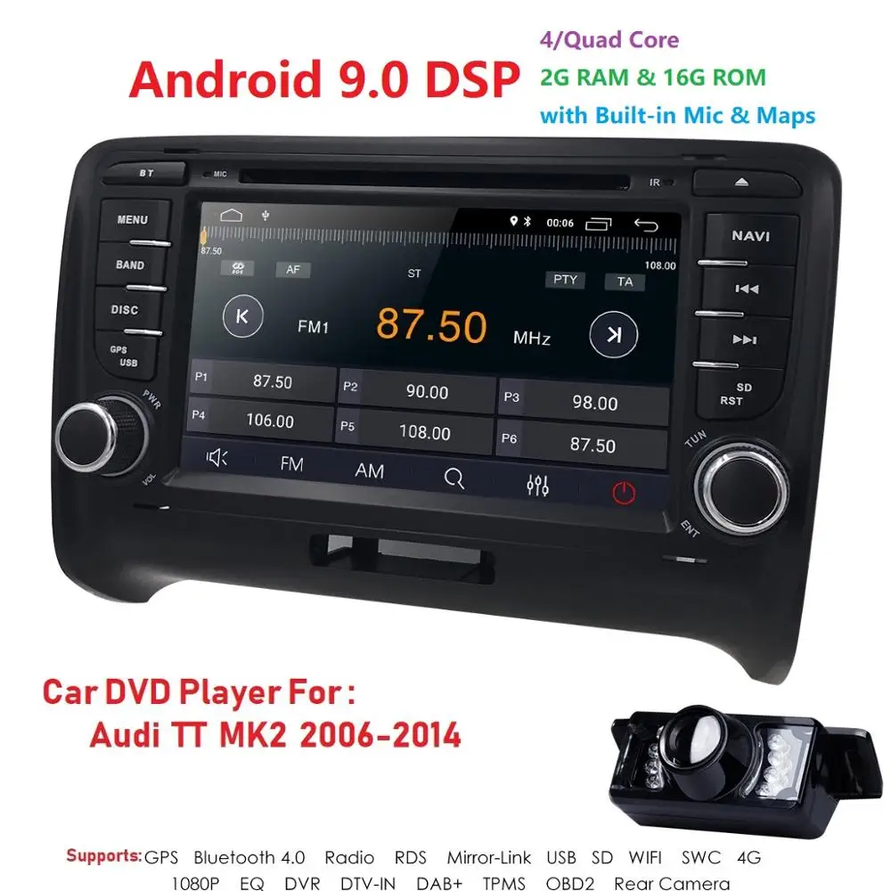 Android 9,0 4-х ядерный Автомобиль Радио Стерео DVD плеер gps навигации для AUDI TT MK2 DAB OBD2 Bluetooth головное устройство+ задняя Камера+ карта
