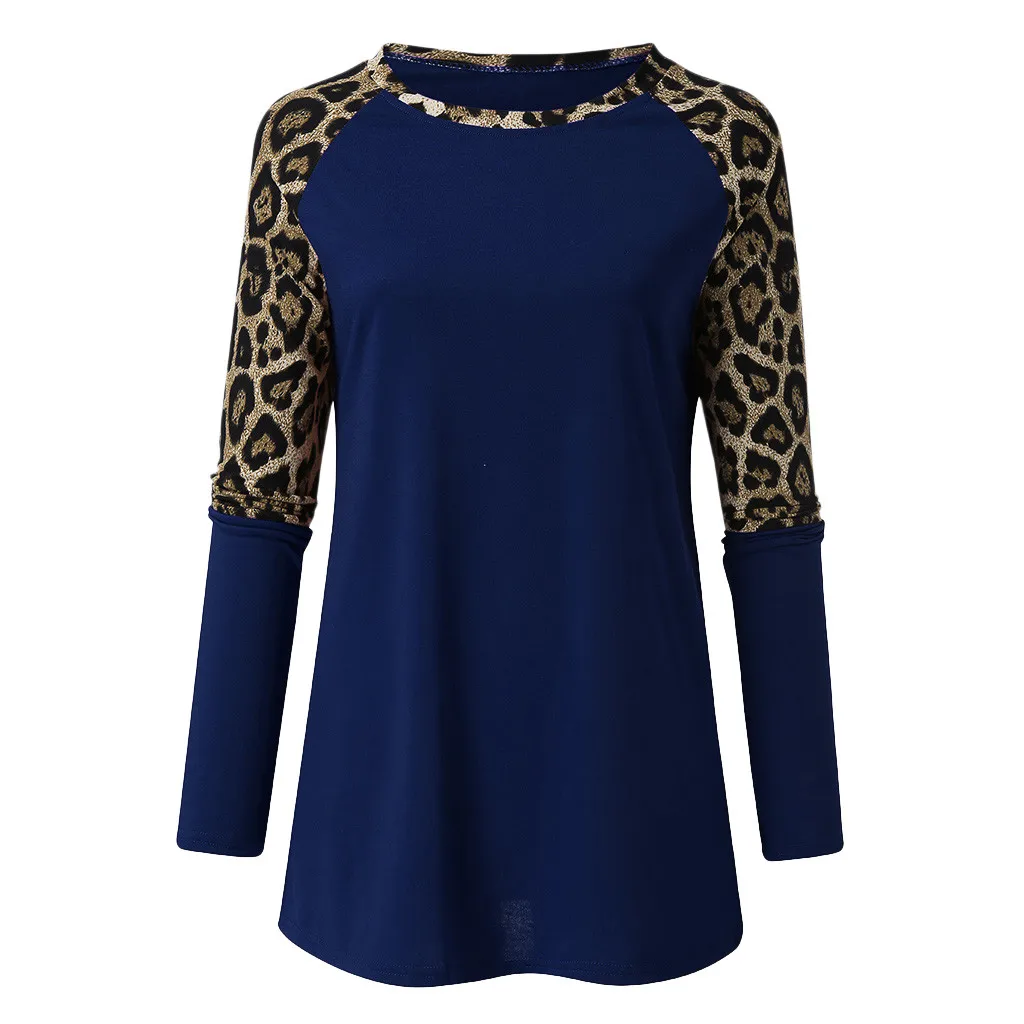 

autumn ladies tops women t shirt Casual long Sleeve tshirt Leopard patchwork d90928