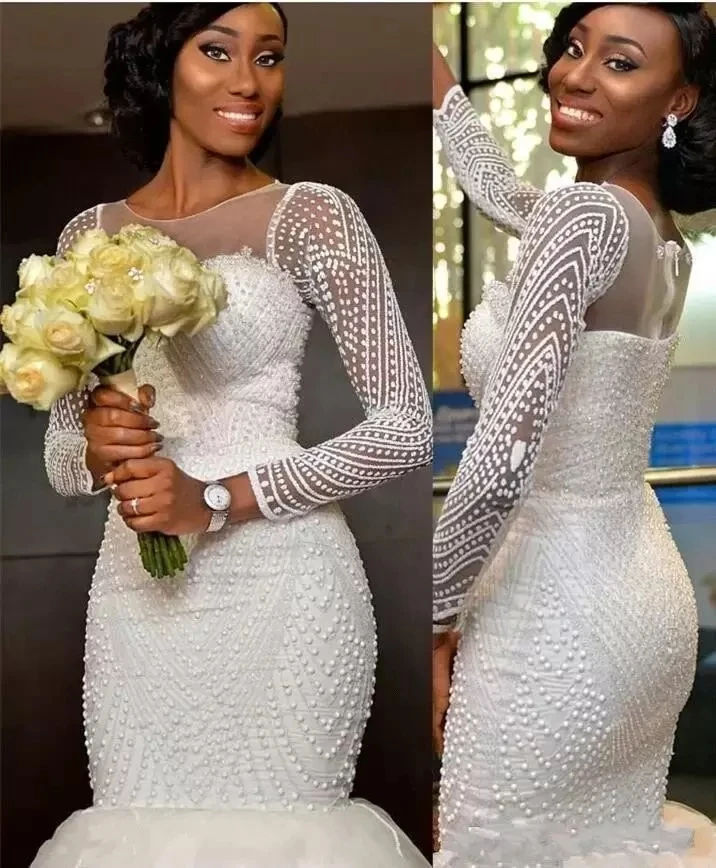 

African Dubai Pearls Mermaid Wedding Dresses Bridal Gowns Illusion Long Sleeves Jewel Neck vestido de noiva Lace Plus Size 2022