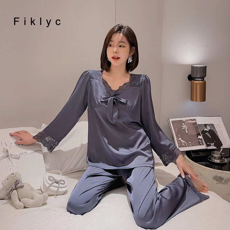 

Fiklyc Female Cute Hedging Korean Style Solid Color M L XL Size Full Sleeve Trousers Night Ice Silk Pajamas Sets With Lace