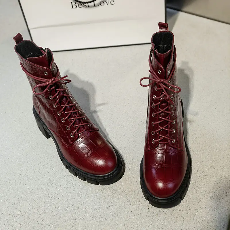 

2021 New Genuine Leather Ladies Boots Fashion Newest Side Zipper Thick Heels Shoes Autumn Winter Dancing Party Shoes Woman