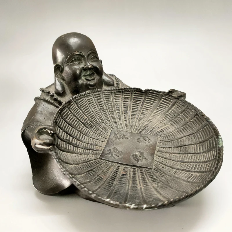 

6" Elaborate Chinese Antique Collectible Home Decoration Copper Golden Happy Laugh Maitreya Buddha Basket Statue Ashtray