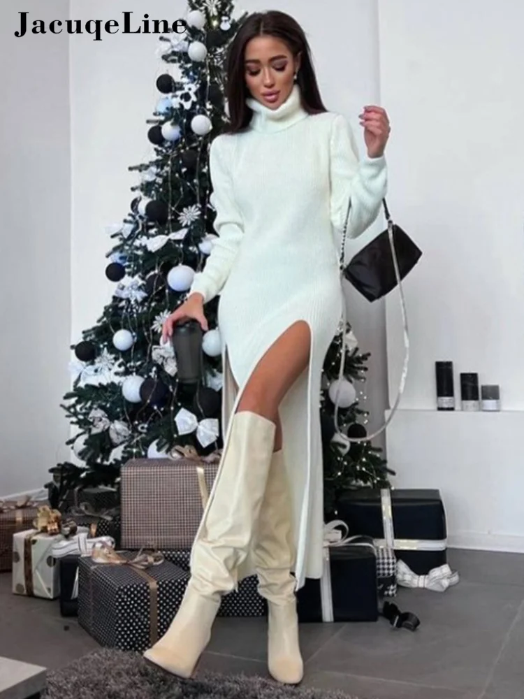

Jacuqeline 2022 Green Knitted Sexy Split Midi Party Dress Women Winter Y2K Turtleneck Long Sleeve Woman Evening Bodycon Dresses