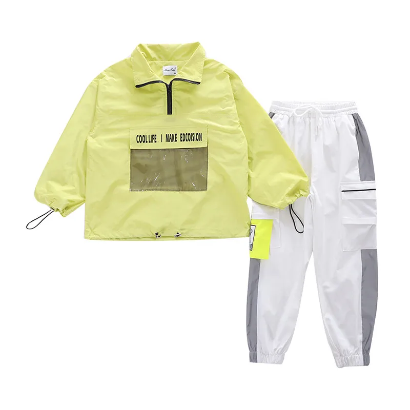 Детский костюм для уличных танцев свободная Зеленая куртка комплект с белыми