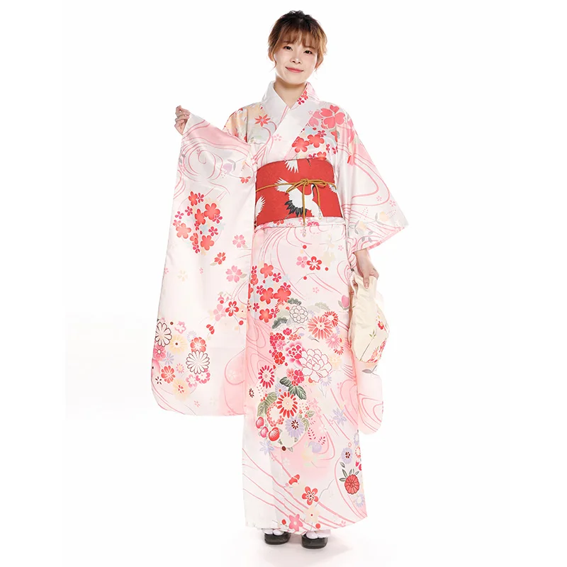 Women's Japanese Traditional Long Sleeve Kimono Beautiful Pink Floral Prints Formal Yukata Cosplay Wear Performing Dress |