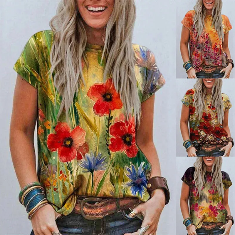 

Summer Women V-Neck Printed T Shirts Short Sleeves Casual Ladies Clothing Soft Plus Size Loose Tops S-5XL