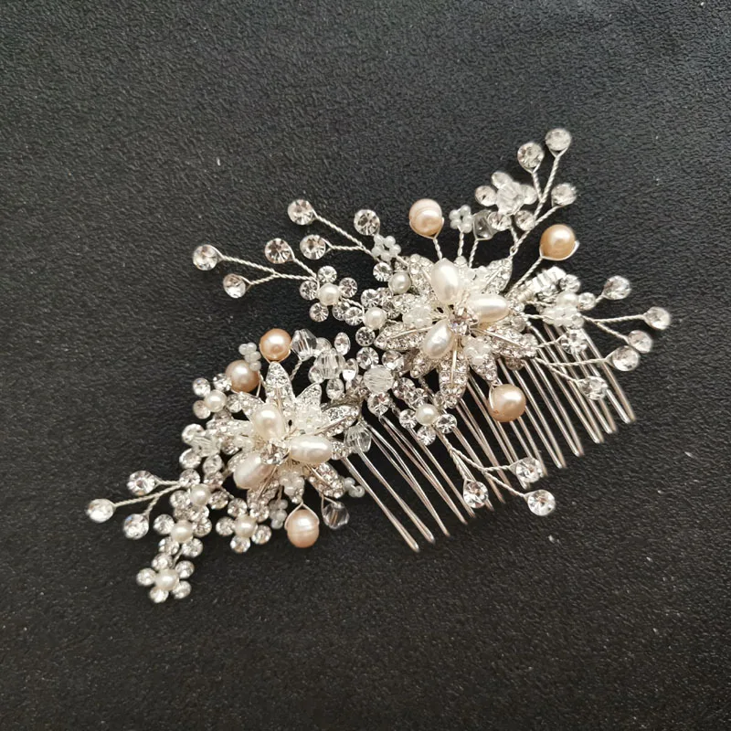 SLBRIDAL Стразы ручной работы кристалл пресноводный жемчуг цветок свадебный гребень