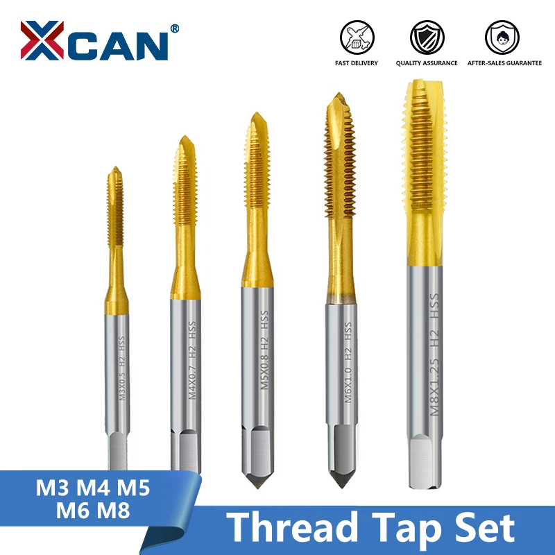 

XCAN Thread Tap Set 5pcs M3 M4 M5 M6 M8 HSS 6542 TiN Coated Screw Thread Tap Drill Straight Flute Metric Tap Threading Tool