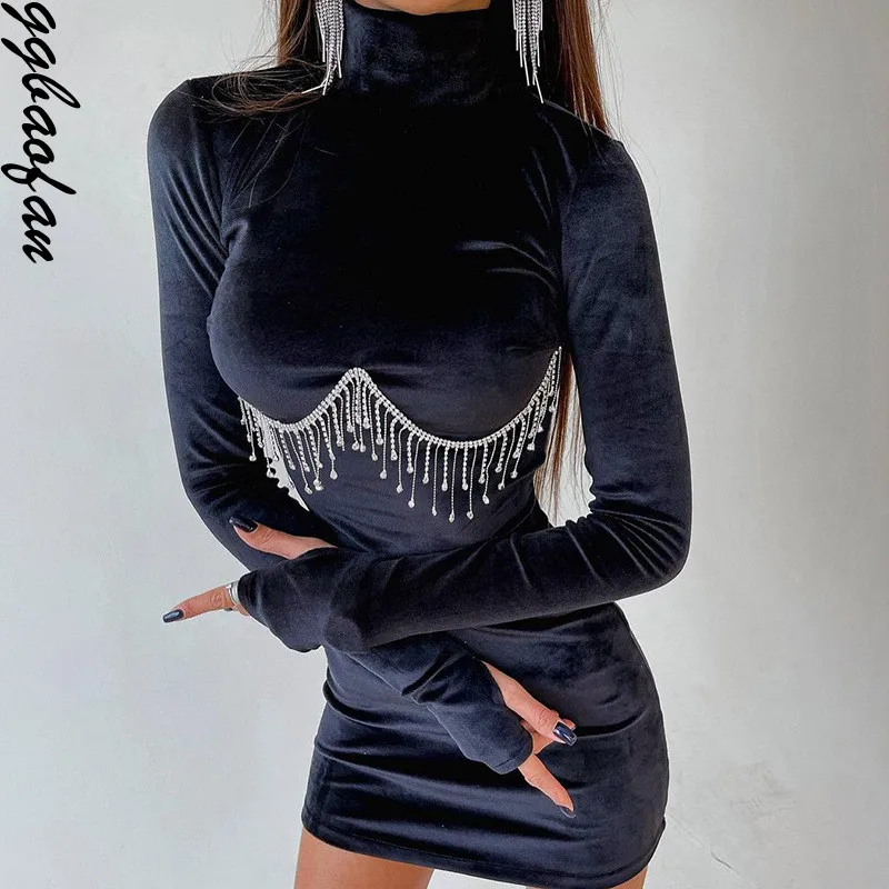 

Сексуальное элегантное облегающее платье Ggbaofan с высоким воротником и цепочкой с кристаллами для женщин, Клубные вечерние мини-платья с дли...