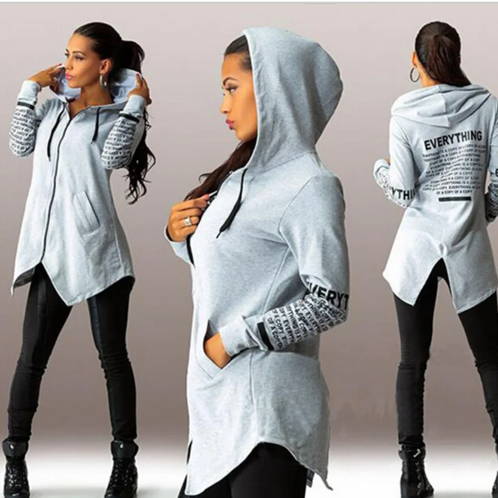 

Womens Female Printed Autumn Winter Sweatshirts Hoodies Female Cotton Casual Broadcloth Long Zip-up Hooded Letter Print