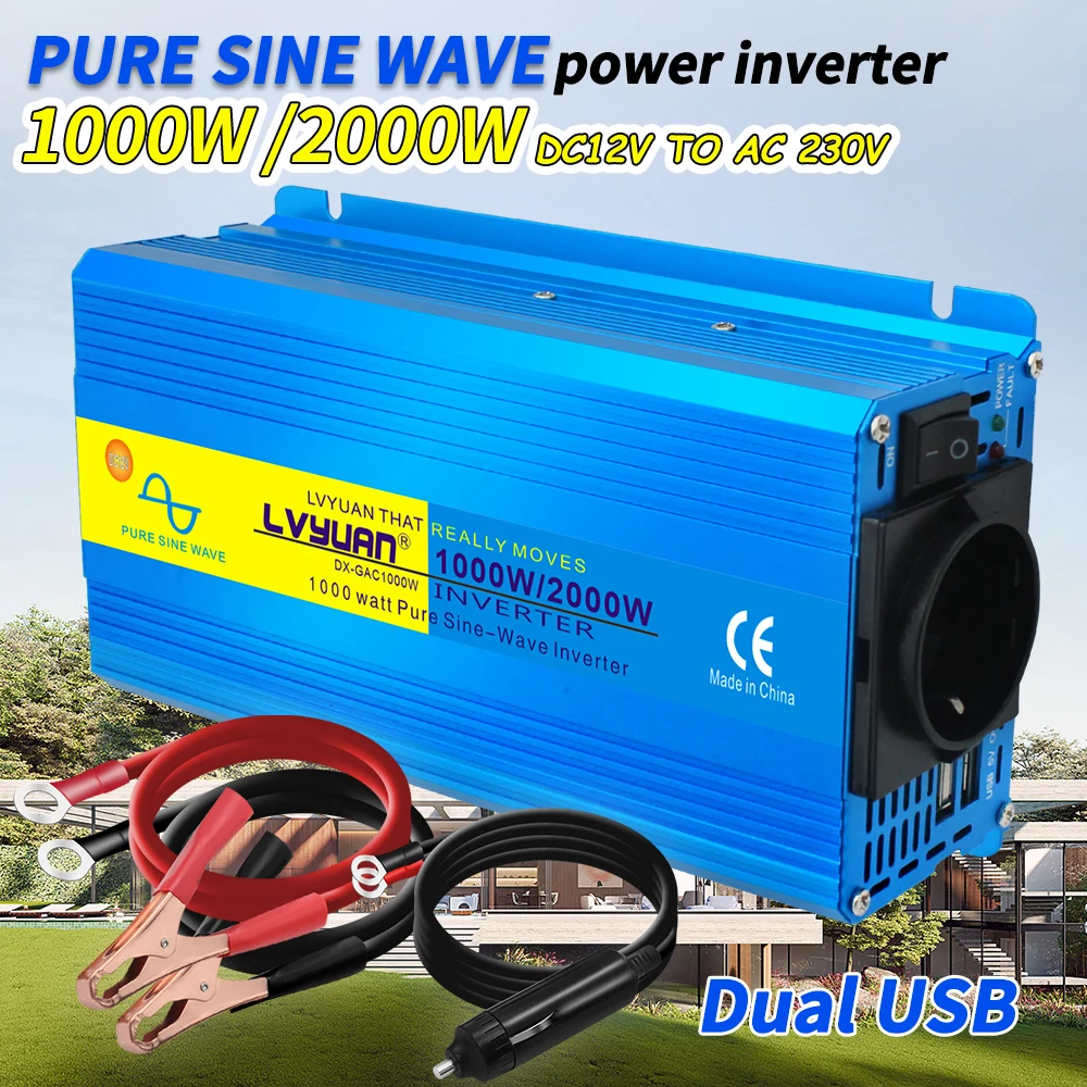 $56.99 2000W Pure Sine Wave Inverter DC 12V/24V to AC 220V 230V Voltage Transfer Converter Charging Adapter EU Socket Auto Accessories