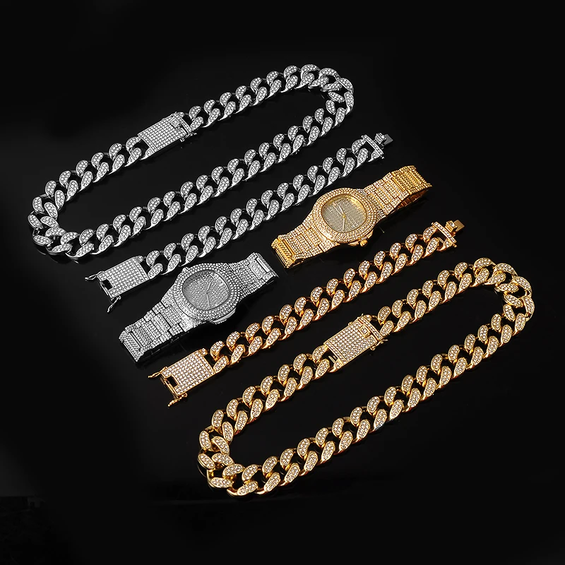 Ожерелье браслет и часы в стиле хип-хоп 1 комплект 20 мм кубинская цепочка из