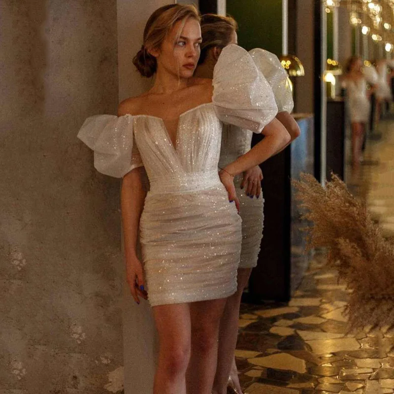 

Sexy Short Wedding Dresses 2021 Above Knee Short Puff Sleeve Bride Dress Vestido de Noiva Curto Belt Women Wedding Gowns