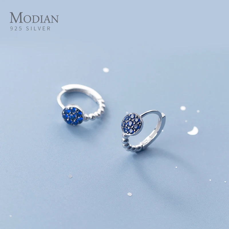 

Modian Vintage 925 Sterling Silver Blue Crystal Stone Stackable Light Beads Hoop Earring for Women Japanese Style Fine Jewelry