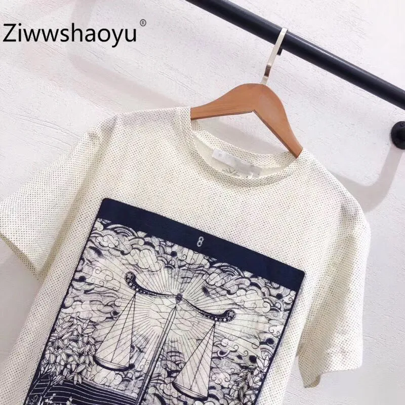 Ziwwshaoyu Новая высококачественная весенне-летняя модная футболка с принтом льняная+ хлопковая футболка с коротким рукавом женская