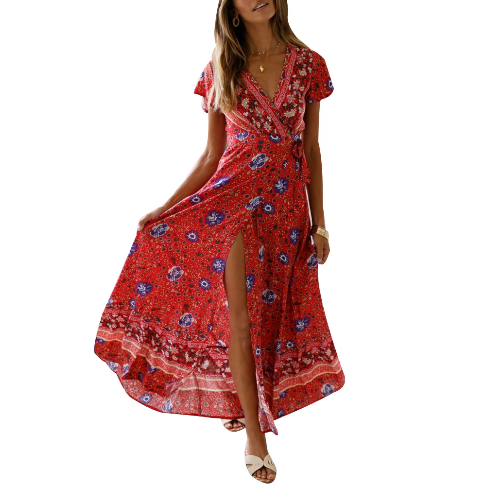 

Women Summer Front Slit Dress Ladies Fashion Floral Print Casual Short Sleeve Vintage Boho V Neck Holiday Beach Maxi Dress D30