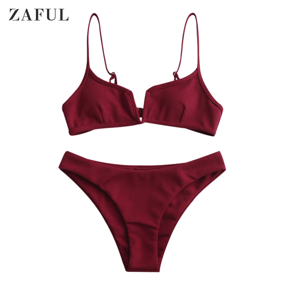 

ZAFUL Ribbed V Cut Wired Cami Bikini Set Women Solid Spaghetti Straps Two Pieces Swimsuits Padded Ladies Swimwear Summer