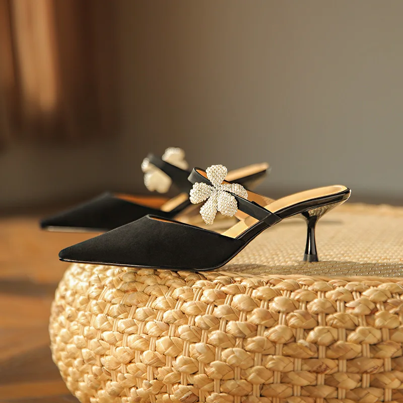 

New summer Ladies slippers natural Leather shoes 22-24.5cm Sheep suede + pearl flower high-heel slippers outdoor slippers women