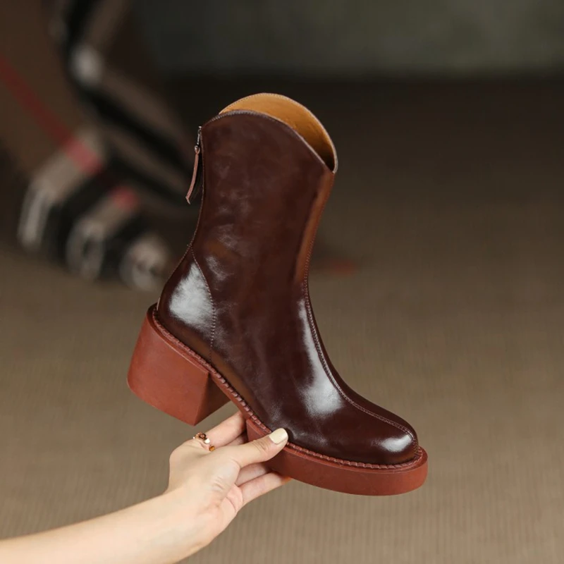 

2021 New Women Genuine Leather Platform Shoe Fashion Women Boots Round Toe Chunky Boots Women Solid Black High Heel Women Shoes