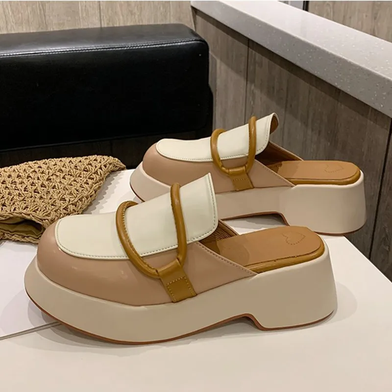 

Spring 2022 New Thick-Soled Muller Shoes Women's Color Matching Sandals Fashion Slippers Casual Flat Loafers Ladies Flats