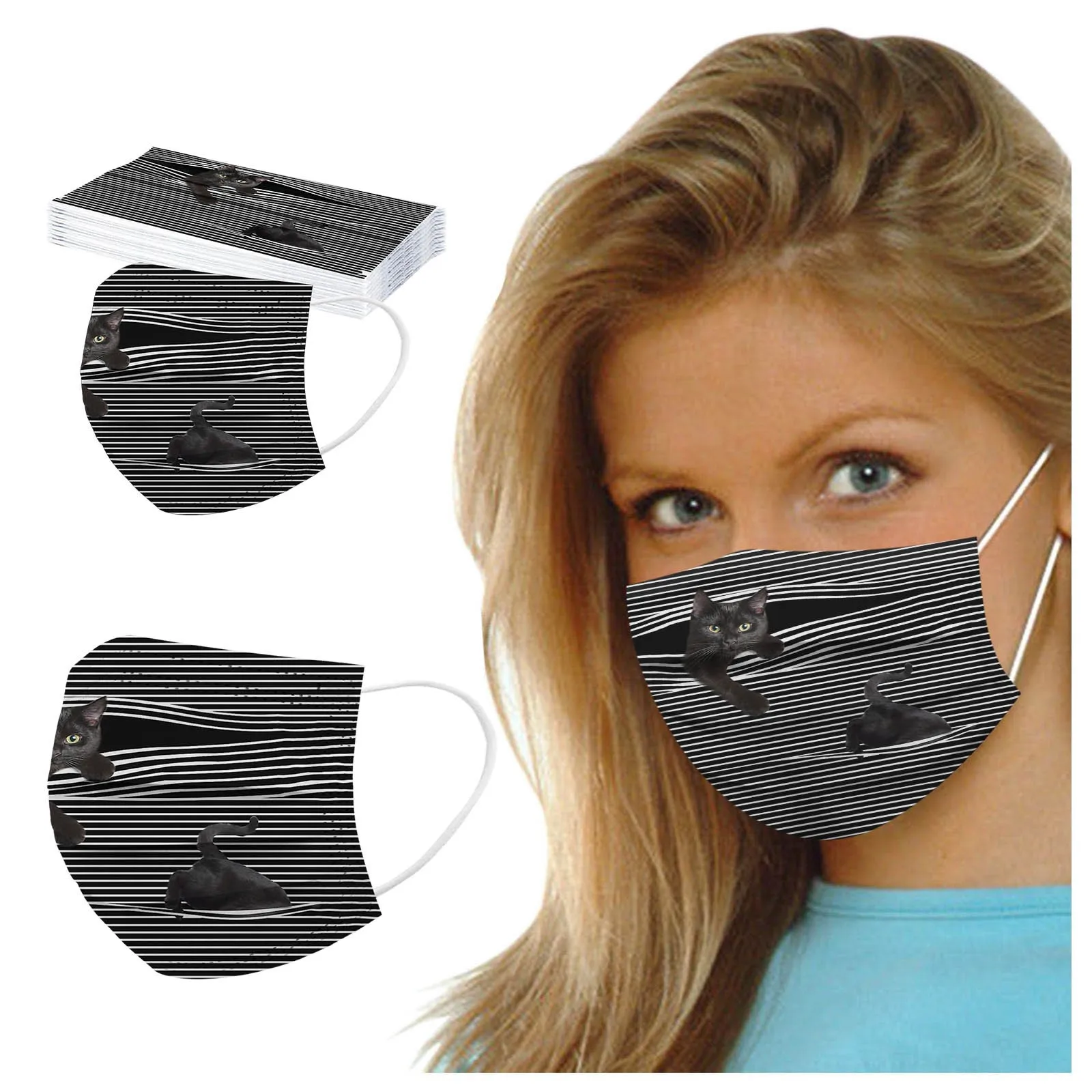 

50pcs Women Men Cat Print Mask Non-woven Mouth Face Mask Non-woven Earloop Protection Face Mask Outdoor Breathable Mascarillas#E