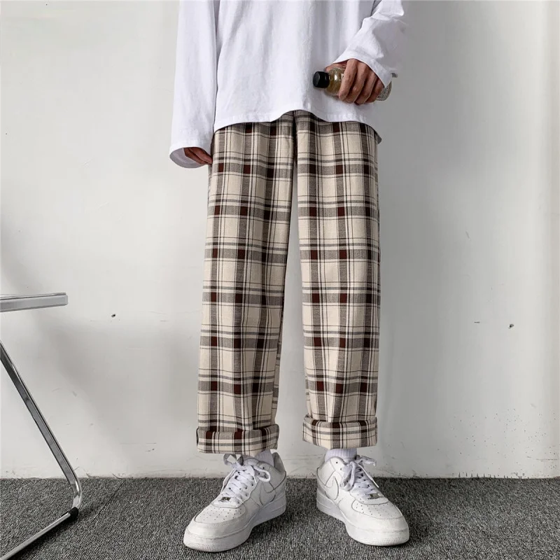 

HOUZHOU Plaid Pants Men Korean Style Checked Trousers Streetwear Fashion Bottoms Summer Wide Leg Pants Harajuku Breathable