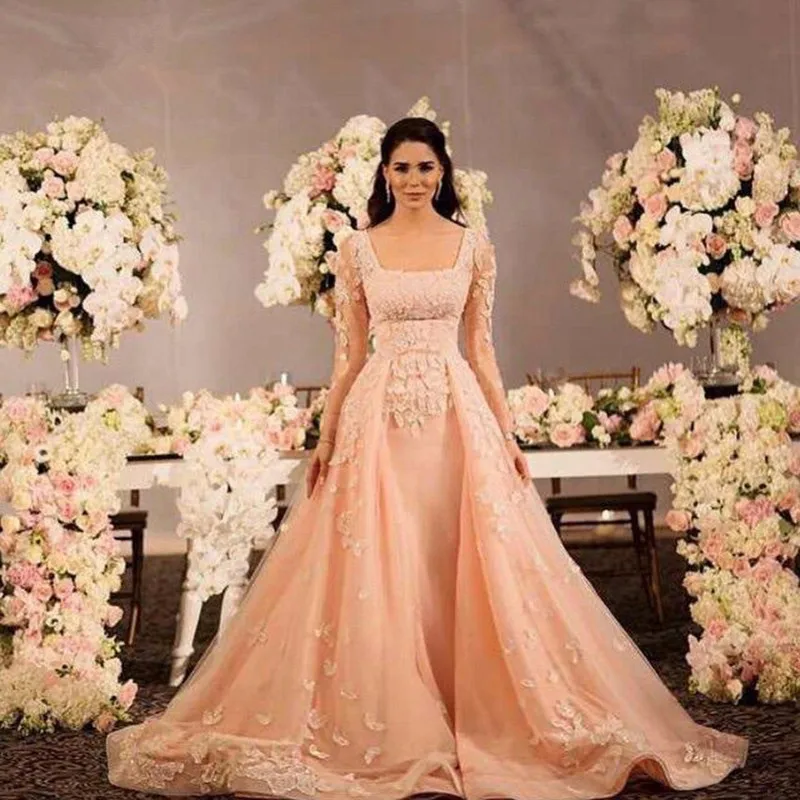

Fashion mariage dubai long sleeve muslim Prom Square collar appliques Beading Lace Detachable Train Bespoke Wedding Dresses