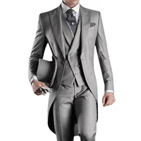 gray wedding men tail coat 3 piece groom tuxedo for formal prom male suits fashion set jacket with pants vest