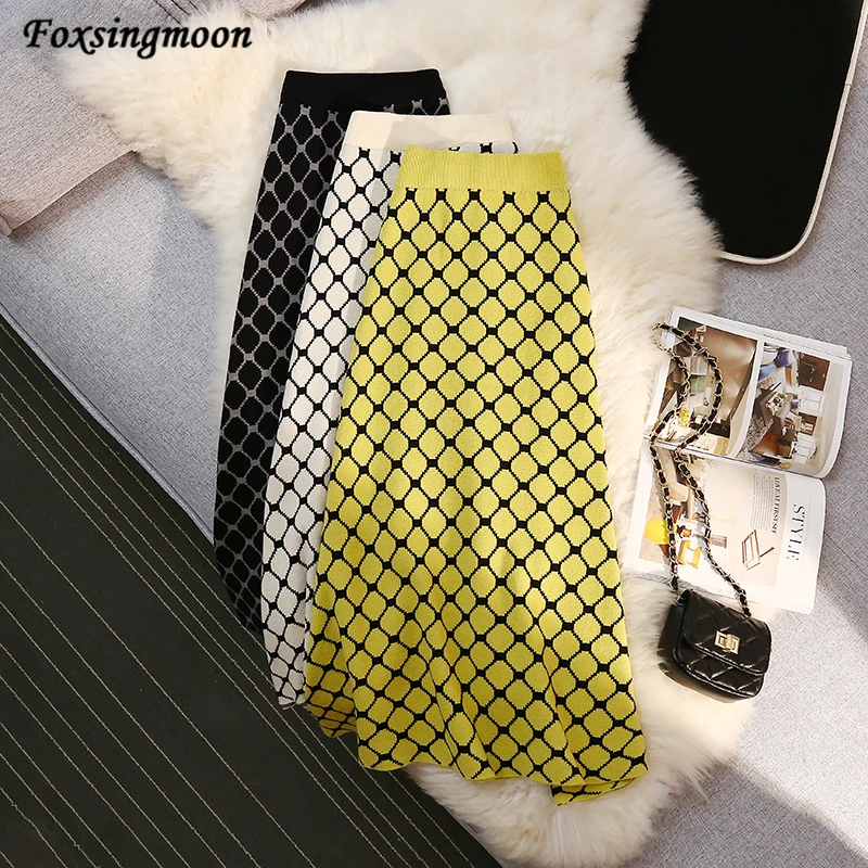 

Женская трикотажная юбка средней длины, повседневная трапециевидная трикотажная юбка с высокой талией и эластичным поясом в Корейском сти...