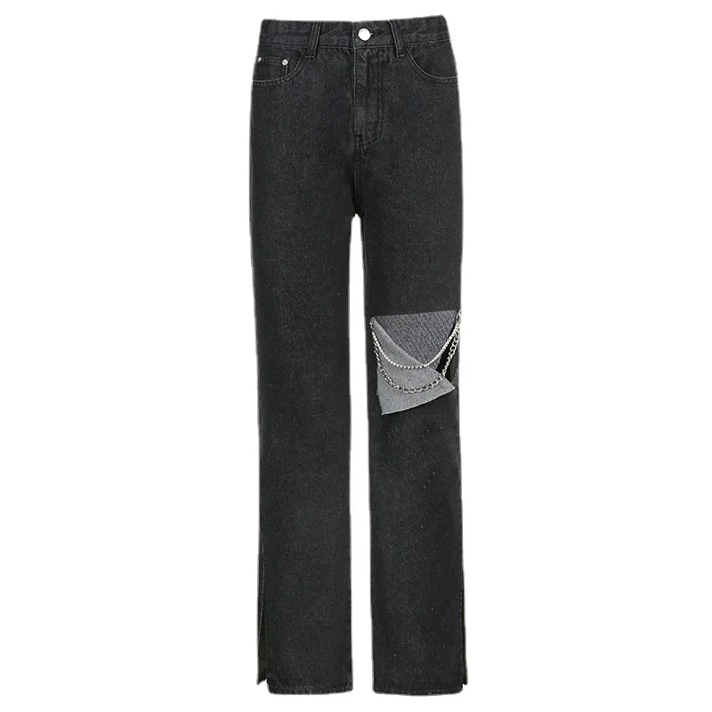 

hole-breaking design chain decoration summer Europe and the United States new long pants high-waisted body fork jeans women