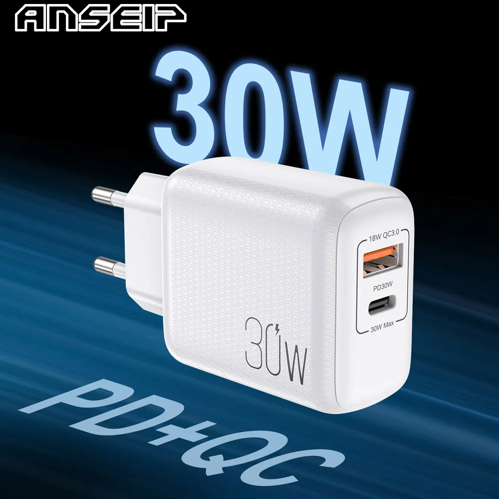 

Сетевое зарядное устройство ANSEIP с разъемом Usb Type-c и поддержкой быстрой зарядки, 30 Вт, QC 3,0