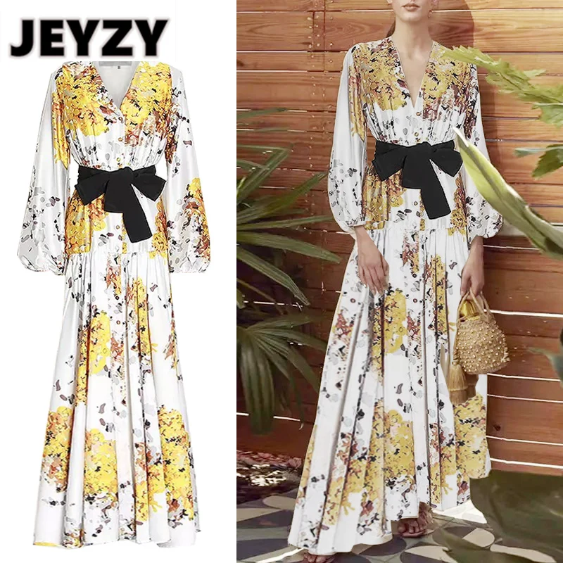

Jeyzy boho maxi dress golden printed v-neck loose lantern sleeve spring autumn runway designer party robe de mujer with belt za