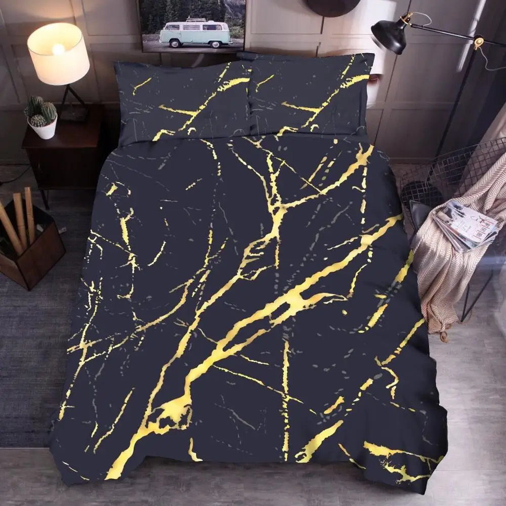 

Modern Quilt Cover Faux Gold Glitter Black Marble Stone Printed Bedding Set Queen 2/3 Pieces Trendy Duvet Cover Set