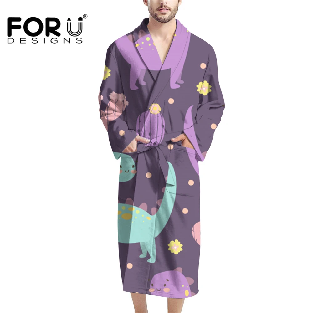 

FORUDESIGNS Purple Cartoon Cute Little Dinosaur Yukata Bathrobe Gown Dressing Gown Warm Soft Shaggy Flannel Bathrobe For Mens